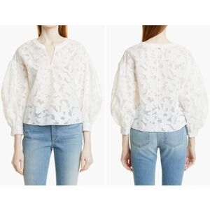 Club Monaco White‎ Floral Embroidered Puff Sleeve V Neck Blouse Top Size S P